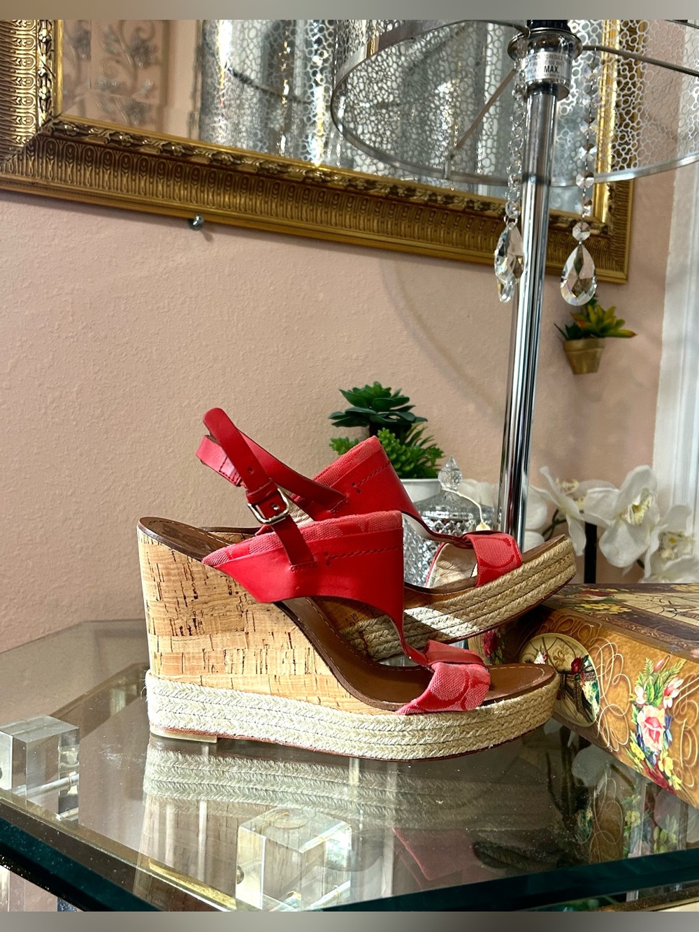 Coach Red Cork Wedge Espadrilles Slingback Sandals Size 9